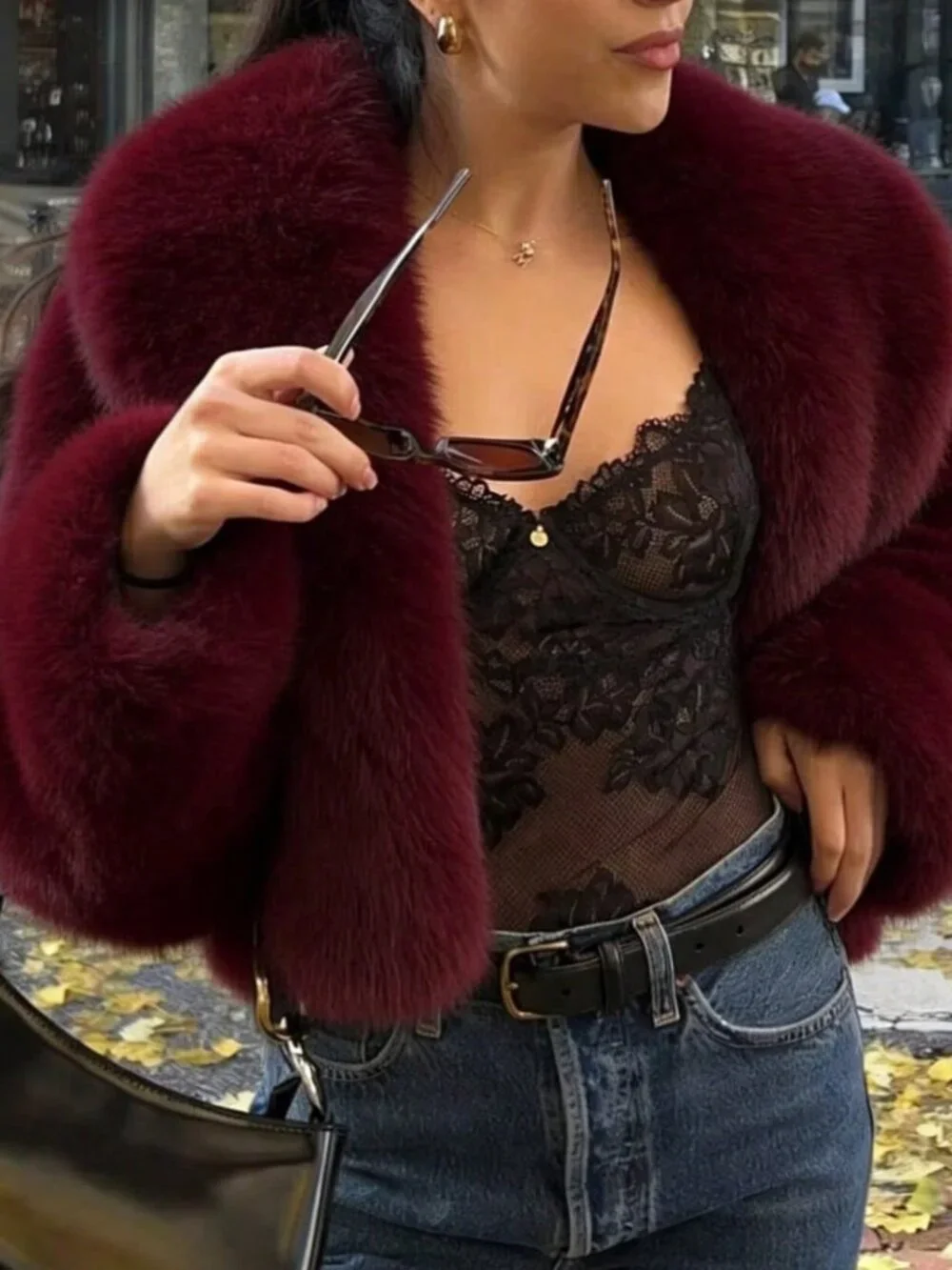 Burgundy Casual Women's Faux Fur Collar Short teddy coat Jacket - Picture 4 of 11